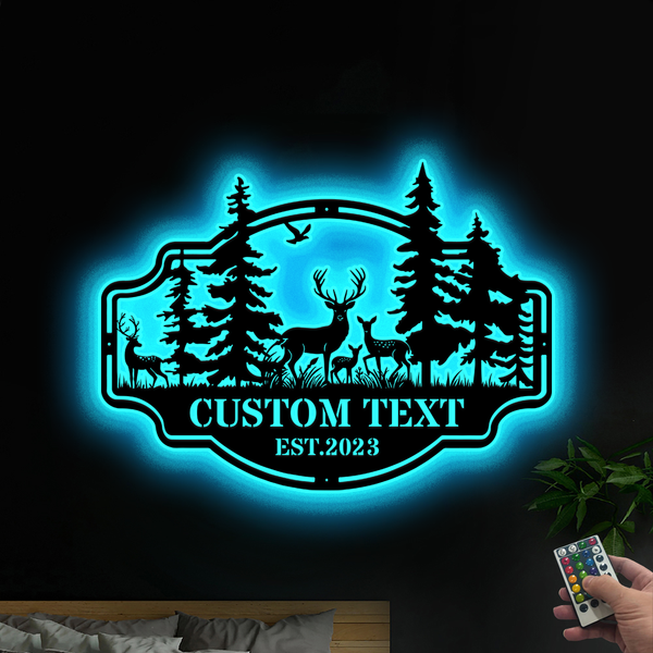 Custom Forest Deer Family Metal Sign With Led Lights, Personalized Wild Deer Metal Cabin Sign, Wildlife Hunting Mancave Metal Wall Art Decor