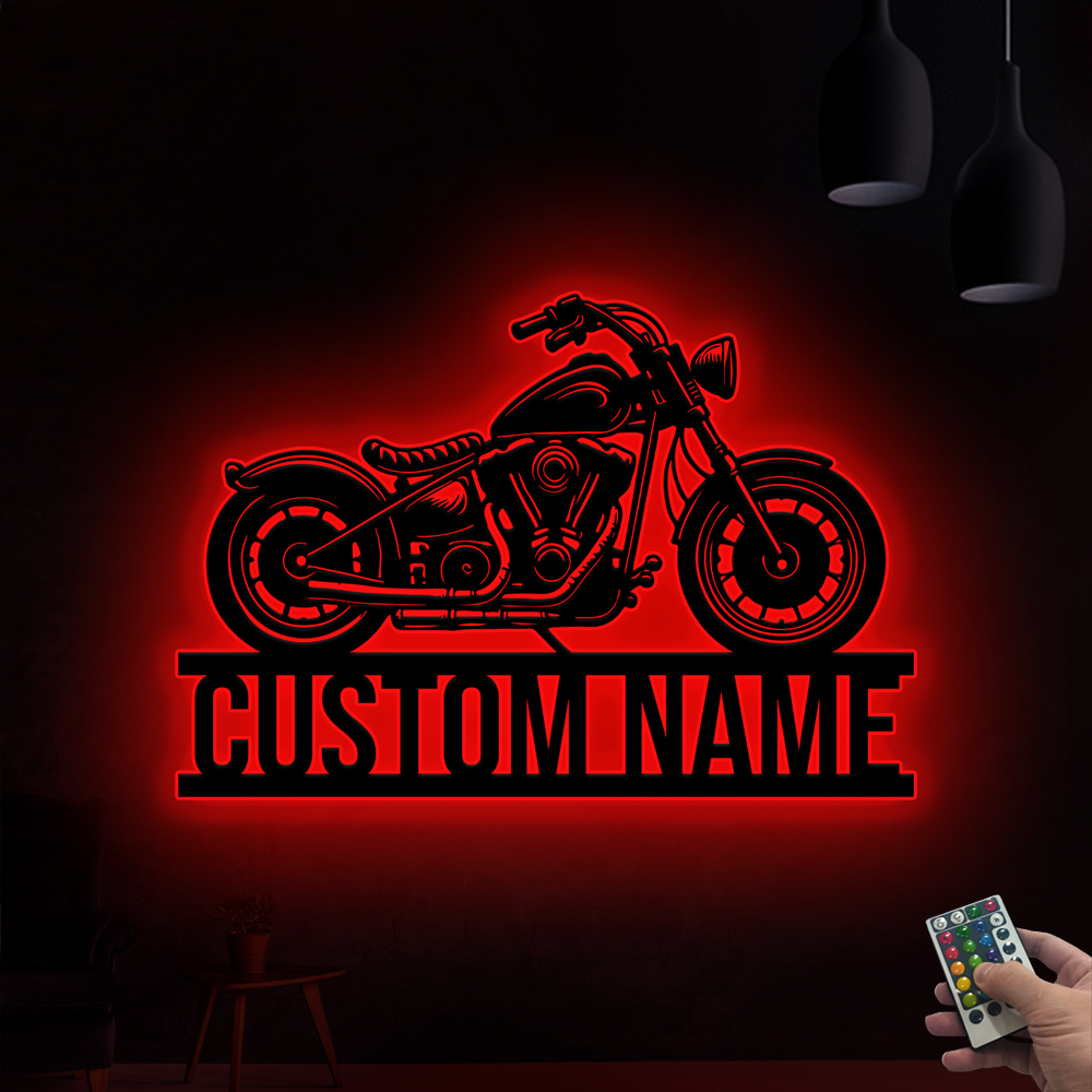 Custom Name Motorcycle Metal Wall Art With Led Lights, Personalized Motorcycle Biker Name Sign, Motorbike Metal Sign Wall Hanging Decor