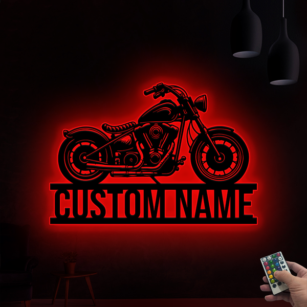 Custom Name Motorcycle Metal Wall Art With Led Lights, Personalized Motorcycle Biker Name Sign, Motorbike Metal Sign Wall Hanging Decor
