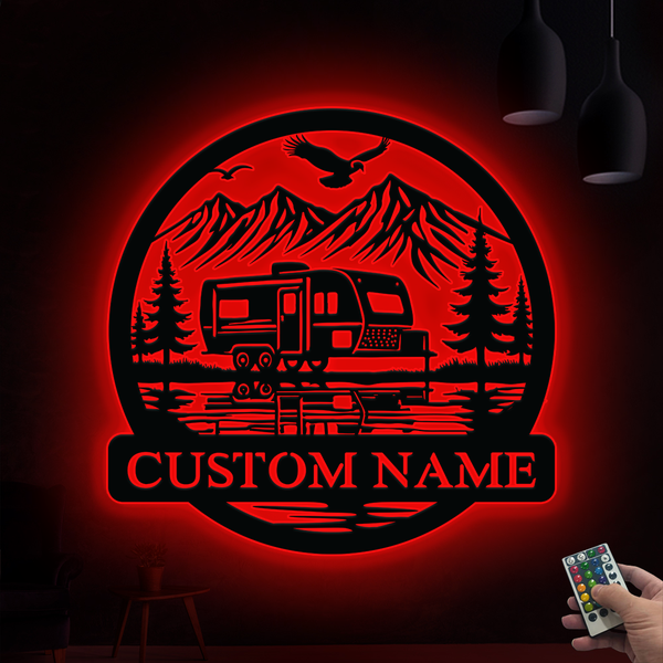 Custom Fifth Wheel Camper Camping Metal Sign Led Lights, Mountain Lakeside Camping Metal Wall Art, Mountain Camping Outdoor Metal Sign Cabin Decor