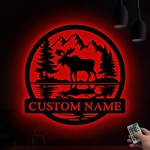 Custom Name Mountain Moose Outdoor Metal Wall Art With Led Lights, Personalized Moose Hunting Metal Sign, Moose Hunting Cabin Man Cave Metal Sign