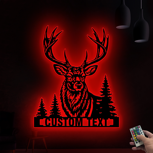 Custom Name Pine Tree Deer Head Metal Sign Led Lights, Personalized Buck Deer Hunting Metal Wall Art, Wildlife Hunting Outdoor Cabin Metal Decor