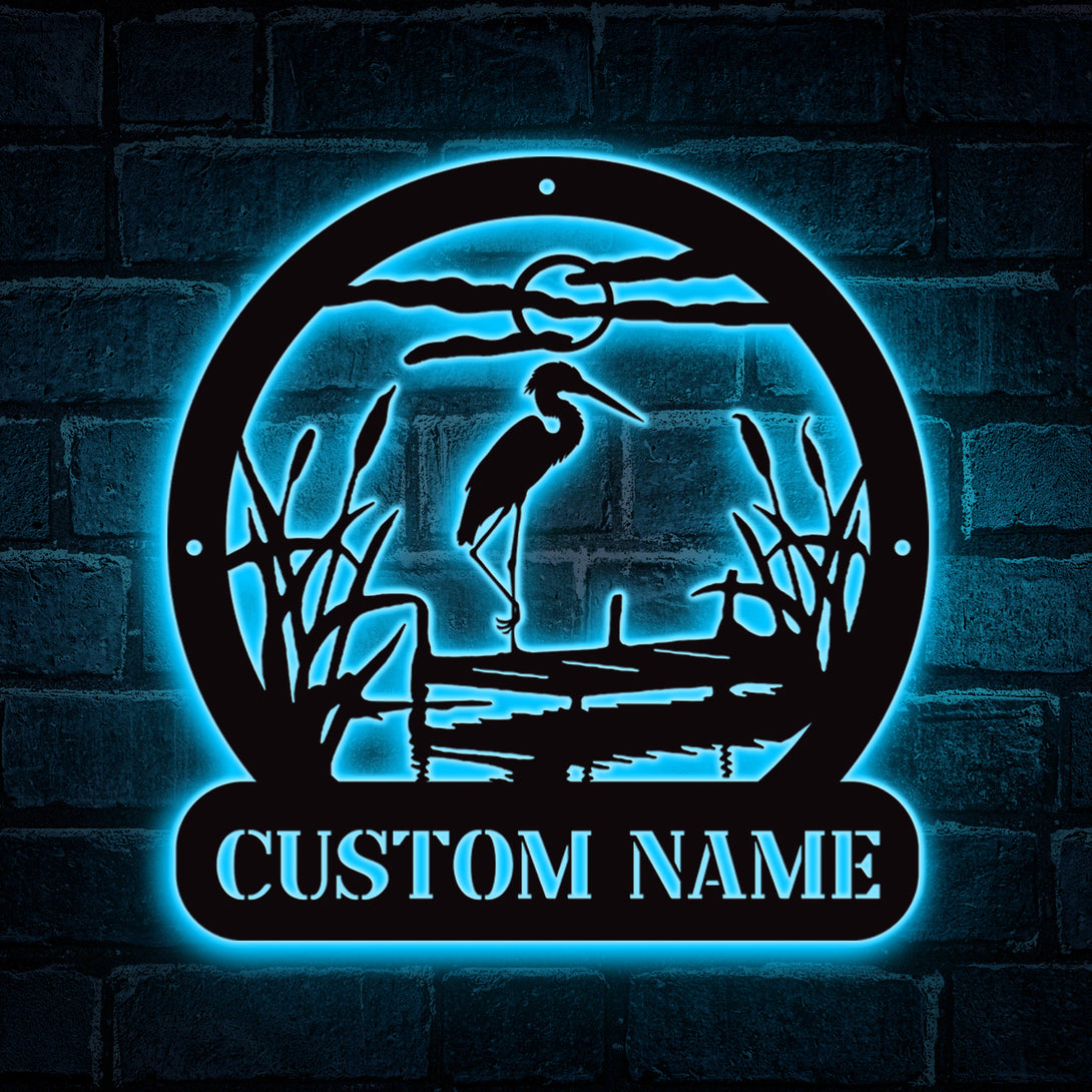 Personalized Name Herons Pond Metal Sign Led Lights, Custom Heron Pond View Cattails Metal Wall Art, Wildlife Heron Bird Lake House Metal Decor