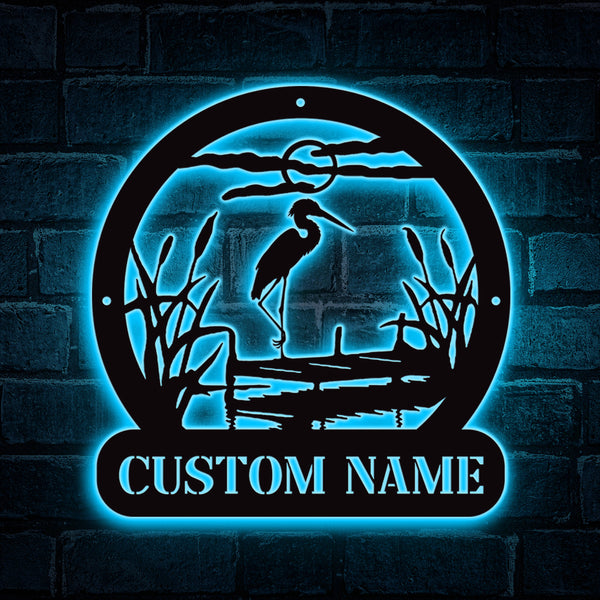Personalized Name Herons Pond Metal Sign Led Lights, Custom Heron Pond View Cattails Metal Wall Art, Wildlife Heron Bird Lake House Metal Decor