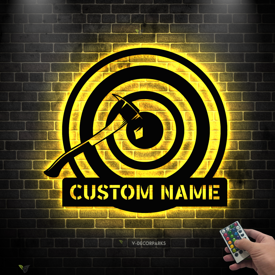 Custom Name Axe Throwing Metal Wall Art Led Lights, Personalized Axe Throwing Metal Name Sign, Axe Throwing Metal Wall Sign Man Cave Decor
