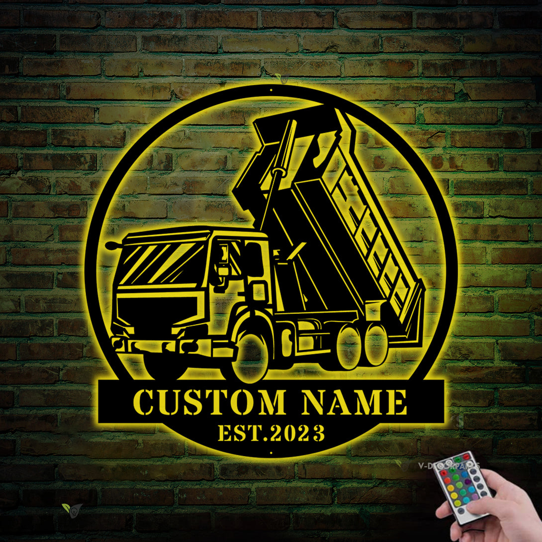 Custom Drump Truck Driver Metal Wall Art With Led Lights, Personalized Trucker Metal Name Sign, 18 Wheeler Roll Off Truck Metal Sign Home Decor