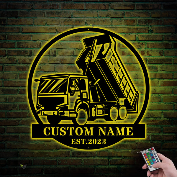 Custom Drump Truck Driver Metal Wall Art With Led Lights, Personalized Trucker Metal Name Sign, 18 Wheeler Roll Off Truck Metal Sign Home Decor
