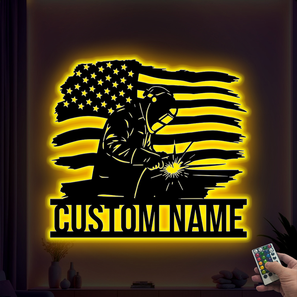 Custom Us Flag Construction Welder Metal Sign Led Lights, Welding Work Shop Metal Wall Hanging, Personalized Welder Metal Name Sign