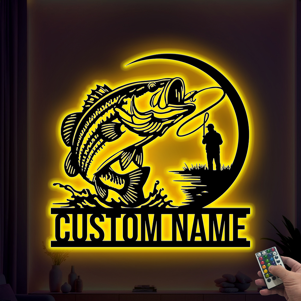 Custom Name Bass Fishing Metal Sign Led Lights, Personalized Fisherman Metal Name Sign, Outdoor Fishing Metal Wall Art Lake House Cabin Decor