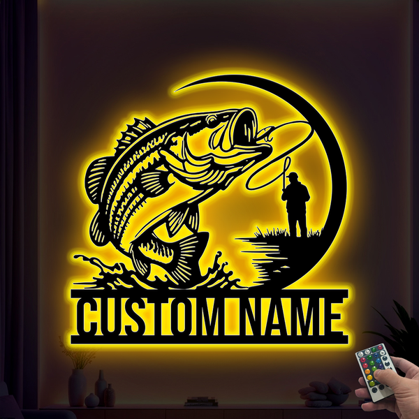 Custom Name Bass Fishing Metal Sign Led Lights, Personalized Fisherman Metal Name Sign, Outdoor Fishing Metal Wall Art Lake House Cabin Decor