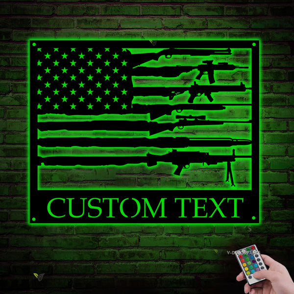Custom American Flag With Gun Metal Wall Art Led Lights, Personalized Name 2nd Amendment Flag Metal Sign, 4th Of July Patriotic Metal Home Decor