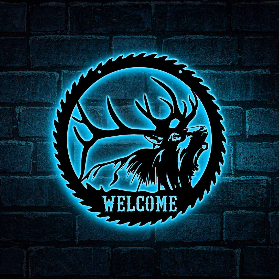 Custom Elk Deer Hunting Metal Wall Art Led Lights, Personalized Elk Hunter Metal Name Sign, Sawblade Elk Hunting Metal Cabin Decoration