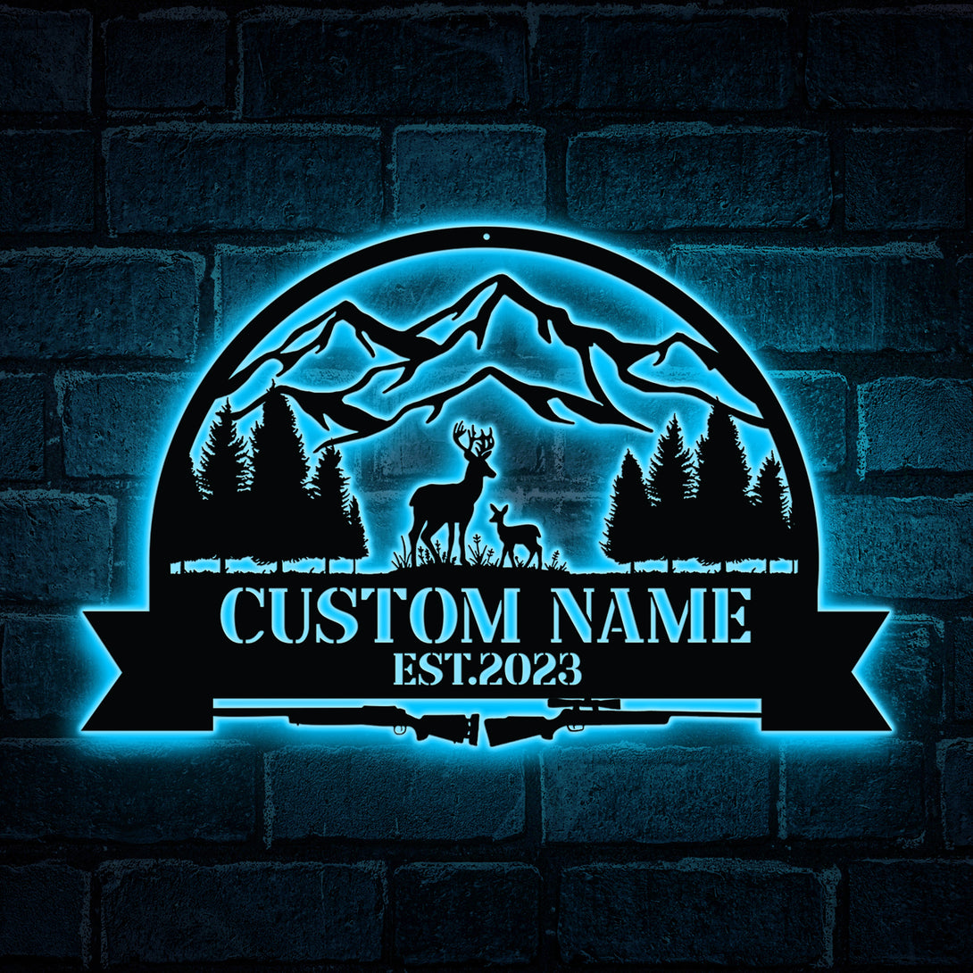 Custom Mountain Forest Deer Hunting Metal Sign Led Lights, Personalized Hunter Metal Name Signs, Great Outdoors Hunting Metal Wall Art Decor