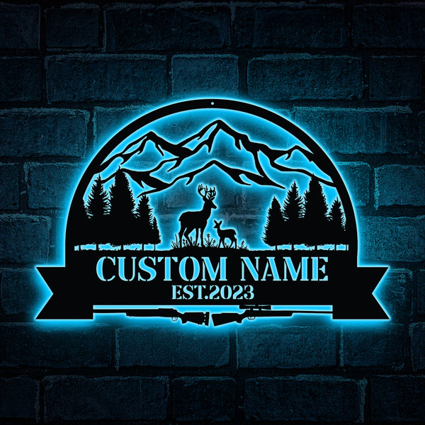 Custom Mountain Forest Deer Hunting Metal Sign Led Lights, Personalized Hunter Metal Name Signs, Great Outdoors Hunting Metal Wall Art Decor