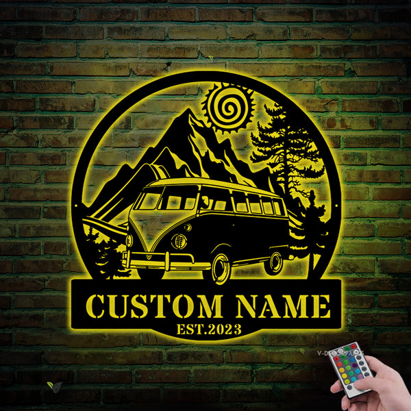 Custom Name Mountain Camping Bus Metal Wall Art Led Lights, Personalized Hippie Bus Van Metal Sign, Happy Camper Van Camping Bus Metal Sign Decor