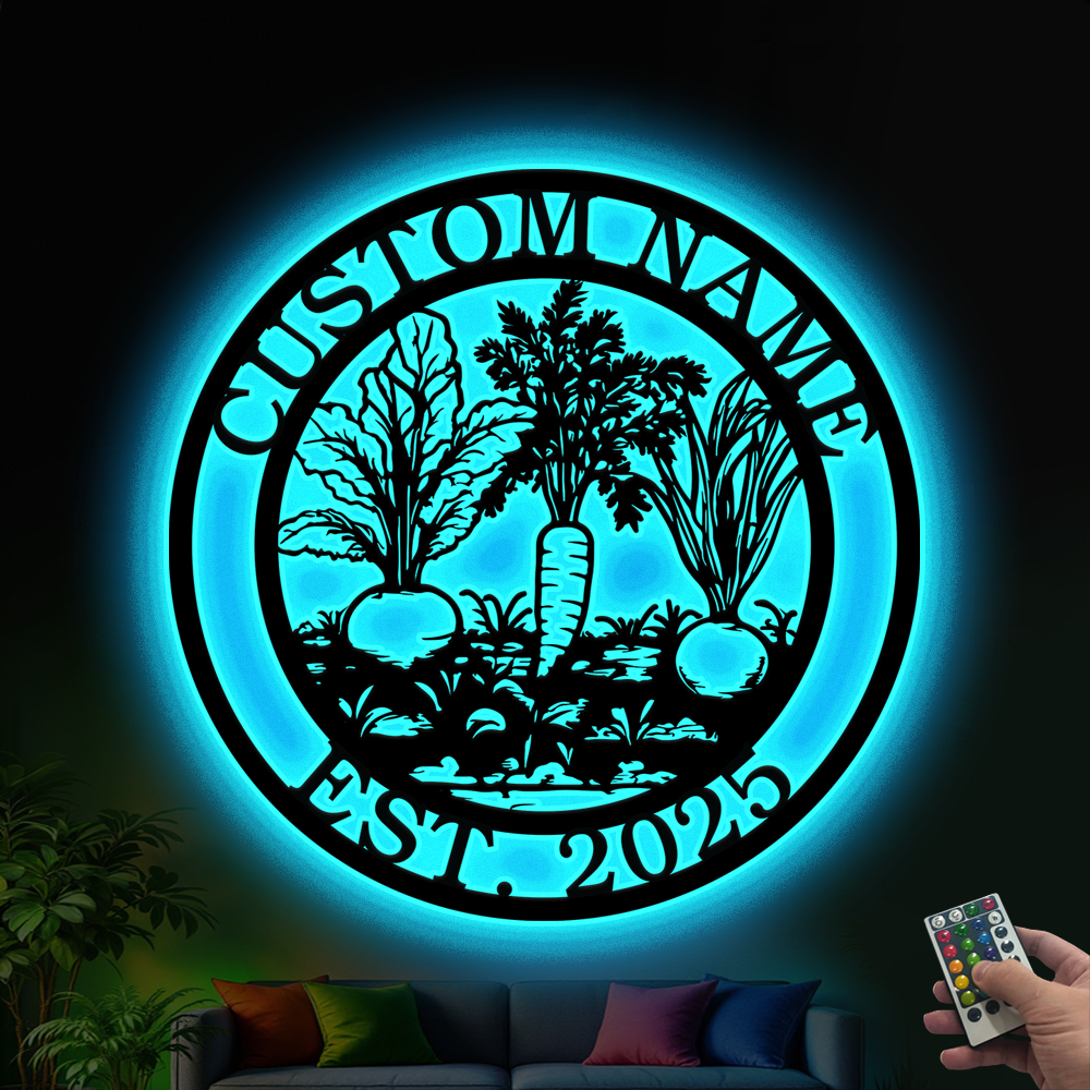 Custom Metal Vegetables Garden Sign With Led Lights, Personalized Gardener Metal Name Sign, Vegetables Garden Metal Wall Art Outdoor Decor