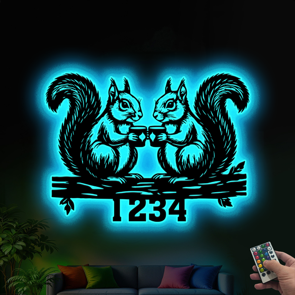 Personalized Couple Squirrel Metal Wall Art With Led Lights, Custom Couple Squirrel On Branch Metal Sign Garden Decor, Metal Squirrel Outdoor Decor