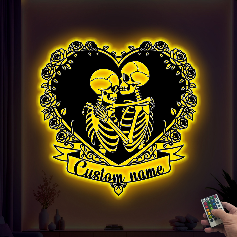 Personalized Skeleton Couple Metal Sign With Led Lights, Skeleton Couple With Rose Metal Wall Art, Gothic Skull Lover Led Metal Sign Art Decor
