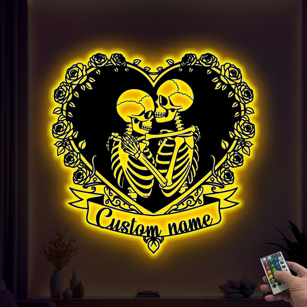 Personalized Skeleton Couple Metal Sign With Led Lights, Skeleton Couple With Rose Metal Wall Art, Gothic Skull Lover Led Metal Sign Art Decor