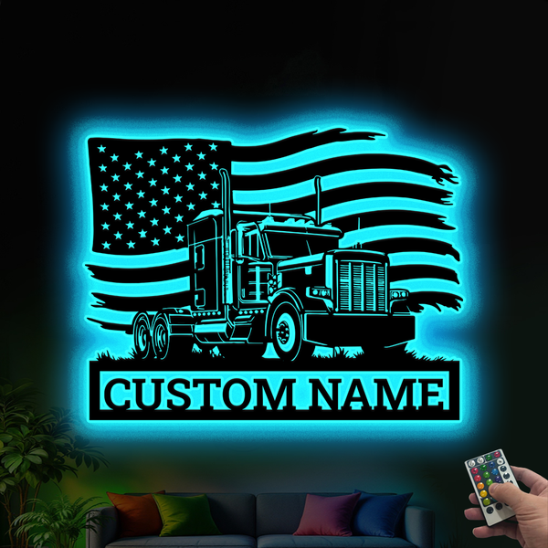 Custom American Flag Semi Truck Metal Wall Art With Led Lights, Personalized Semi Truck Driver Metal Name Sign, Semi-trailer Metal Wall Decor