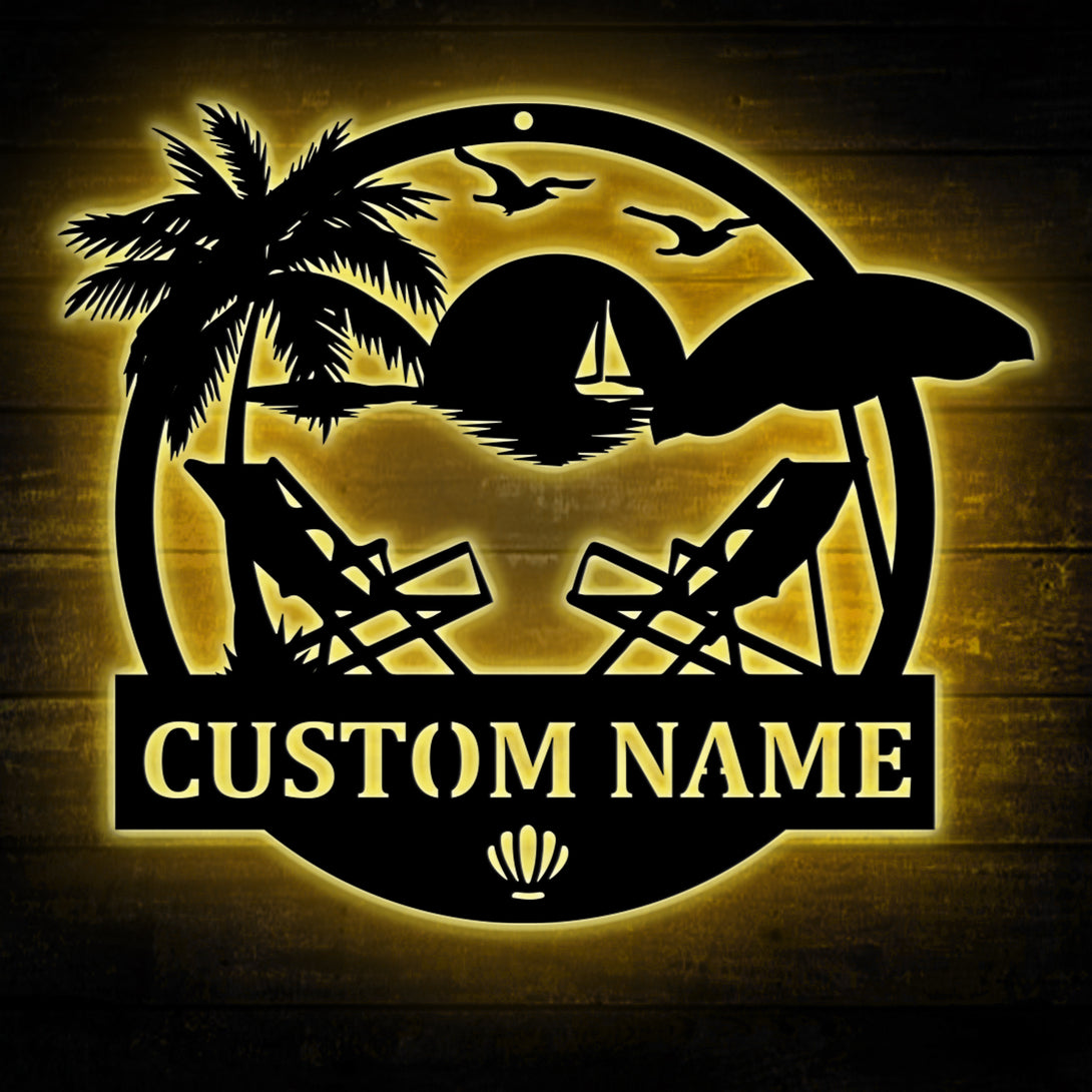 Custom Beach Scene Monogram Sign Led Lights, Personalized Palm Tree Beach House Metal Wall Art, Sunset Beach Outdoor Coastal Metal Sign