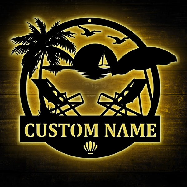 Custom Beach Scene Monogram Sign Led Lights, Personalized Palm Tree Beach House Metal Wall Art, Sunset Beach Outdoor Coastal Metal Sign