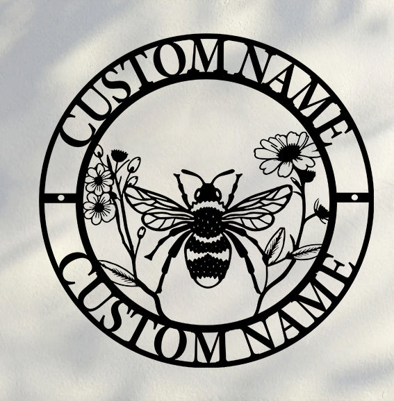 Personalized Honey Bee Metal Sign, Floral Bee Metal Wall Art, Custom Honey Bee Family Name Sign, Bee Keeper Garden Metal Sign