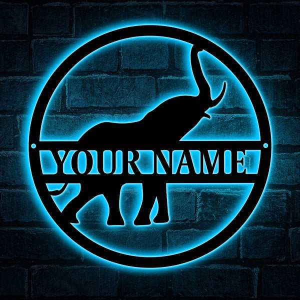 Custom Elephant Monogram Metal Wall Art, Personalized Elephant Metal Name Sign, Custom African Safari Elephant Metal Led Sign Home Decor