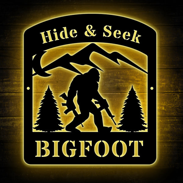 Custom Hide & Seek Bigfoot Mountain Metal Sign Led Lights, Bigfoot With Gun Metal Name Sign, Mountain Bigfoot Metal Wall Art Lodge Cabin Decor