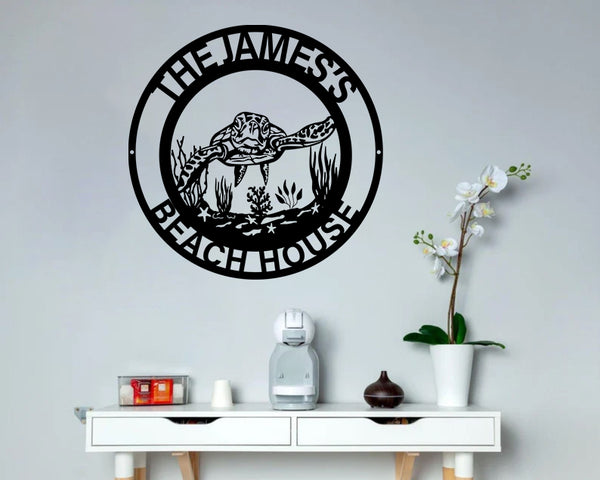 Custom Sea Turtle Monograms Metal Sign, Personalized Sea Turtle Metal Wall Art Sign, Turtle Beach House Metal Art, Turtle Beach House Metal Decor