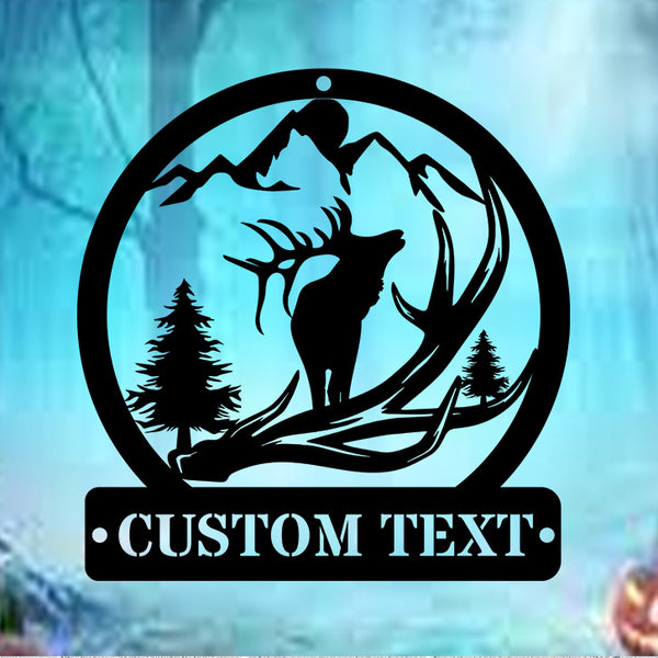 Personalized Elk Deer Antler Metal Cabin Sign Led Lights, Mountain Elk Monogram Mancave Metal Sign, Elk Hunting Outdoor Metal Wall Sign