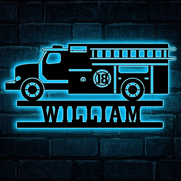 Custom Fire Engine Truck Metal Wall Art Led Lights, Personalized Firefighter Metal Name Sign, Fire Engine Ladder Truck Monogram Metal Sign Decor
