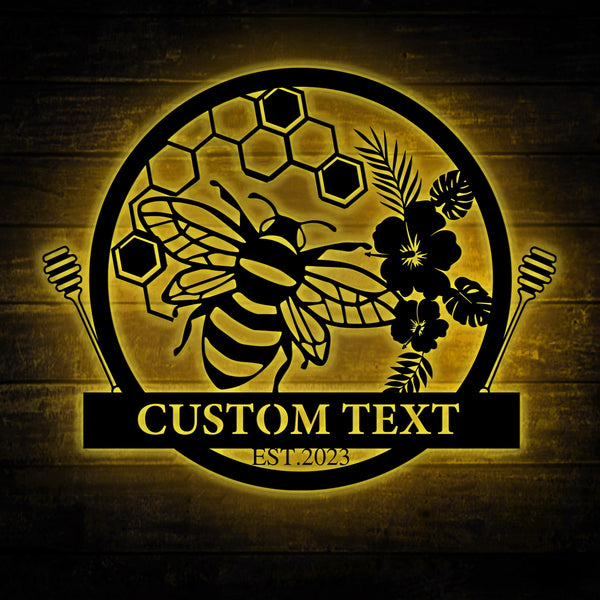 Personalized Metal Honey Bee Farm Sign With Led Lights, Custom Family Name Honey Bee Metal Wall Art, Bee Keeper Bee Farm Garden Metal Decor