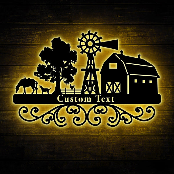 Custom Windmill Farmhouse Metal Sign With Led Lights, Farm Animals Metal Entrance Sign, Farm Barn Metal Sign Wall Hanging Outdoor Decor