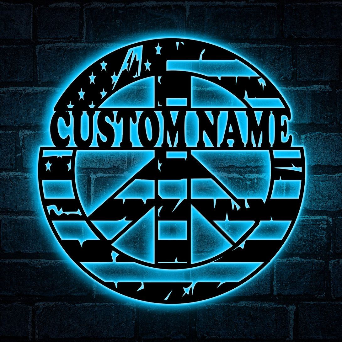 Personalized Us Flag Peace Symbol Metal Sign With Led Lights, Us Stars & Stripes Peace Symbol Metal Wall Art, American Flag Metal Peace Sign