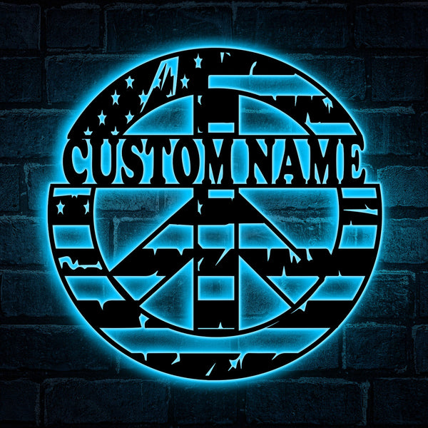 Personalized Us Flag Peace Symbol Metal Sign With Led Lights, Us Stars & Stripes Peace Symbol Metal Wall Art, American Flag Metal Peace Sign