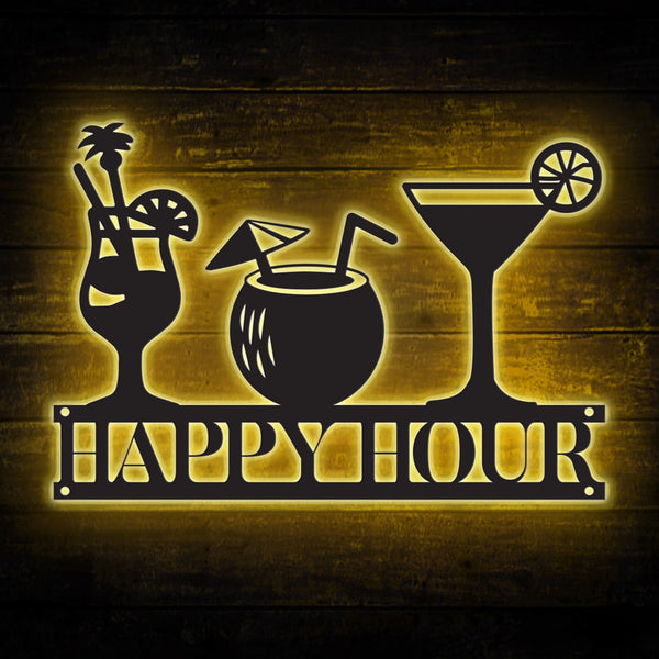 Personalized Cocktail Bar Metal Sign With Led Lights, Custom Cocktail Bar Metal Wall Art, Happy Hour Cocktail Bar Metal Name Sign