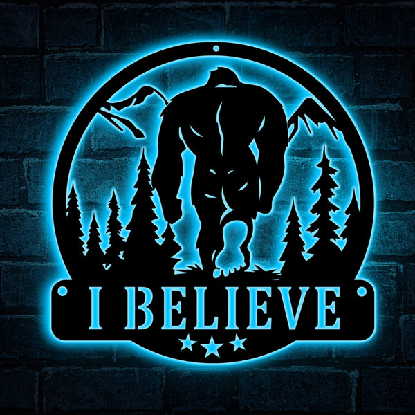 Personalized Scenic Bigfoot Metal Cabin Sign With Led Lights, Personalized Sasquatch Mancave Metal Sign, Mountain Forest Bigfoot Metal Wall Art