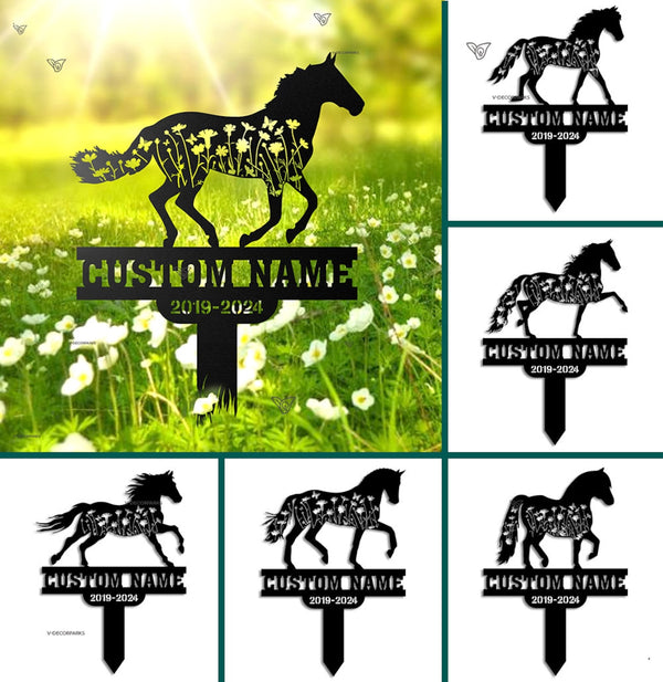 Personalized Horse Memorial Metal Stake, Floral Horse Metal Grave Markers, Custom Name Horse Metal Yard Stake, Horse Ranch Metal Garden Decor