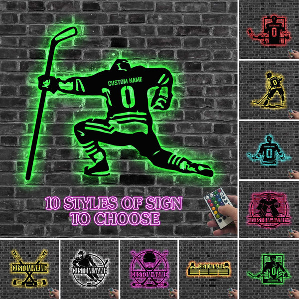 Custom Ice Hockey Metal Wall Art With Led Lights, Personalized Name Hockey Player Metal Sign Home Decor, Ice Hockey Sports Lover Metal Name Sign