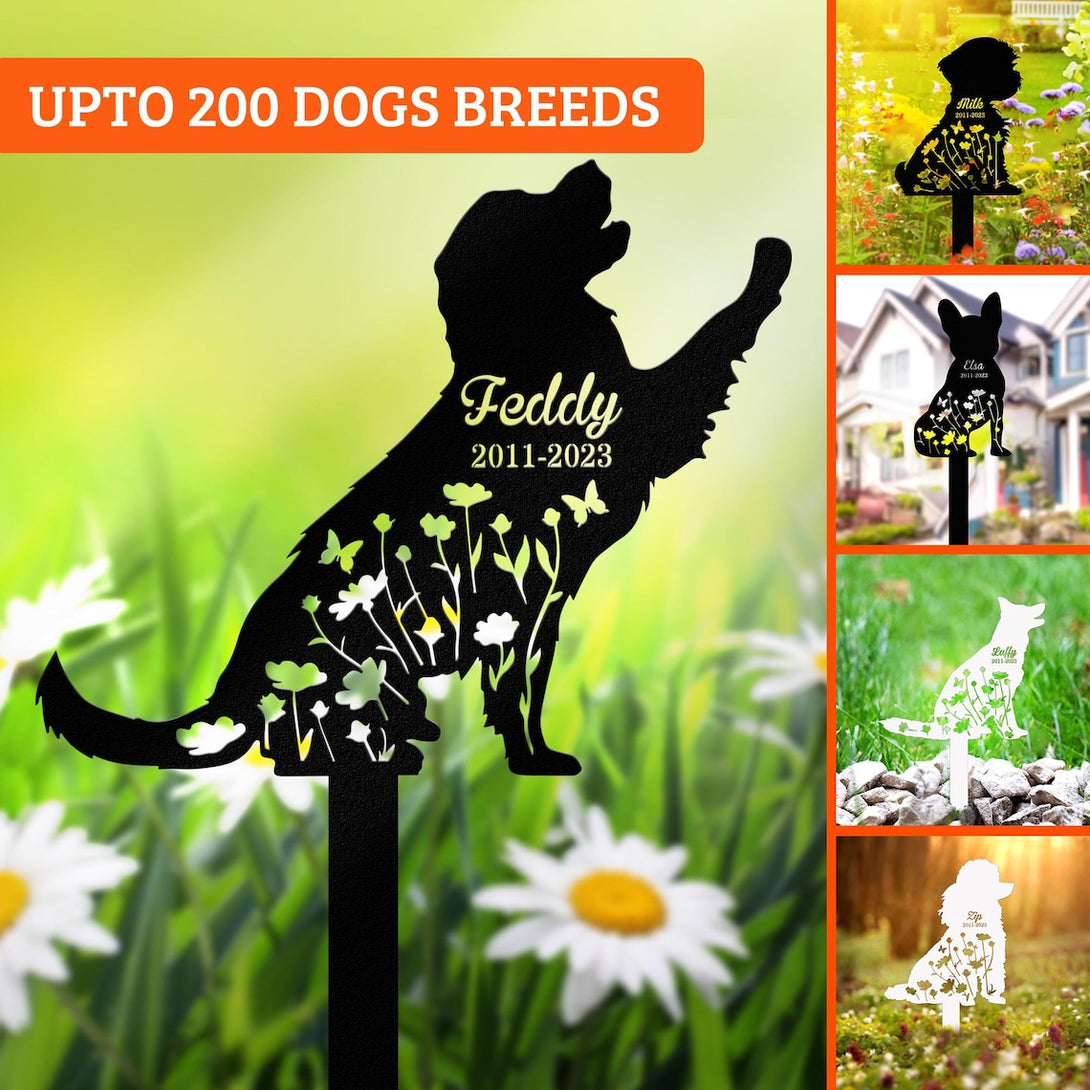 Personalized Dog Memorial Metal Garden Stake, Dog Metal Grave Marker, Custom Dog Breeds Metal Stake, Floral Dog Metal Garden Sign, Dog Loss Gift