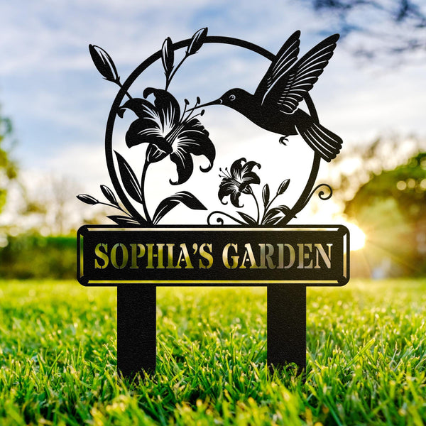 Personalized Garden Metal Sign, Garden Name Metal Sign With Stakes, Metal Garden Sign, Hummingbird Metal Sign, Patio Decor Gift For Gardener