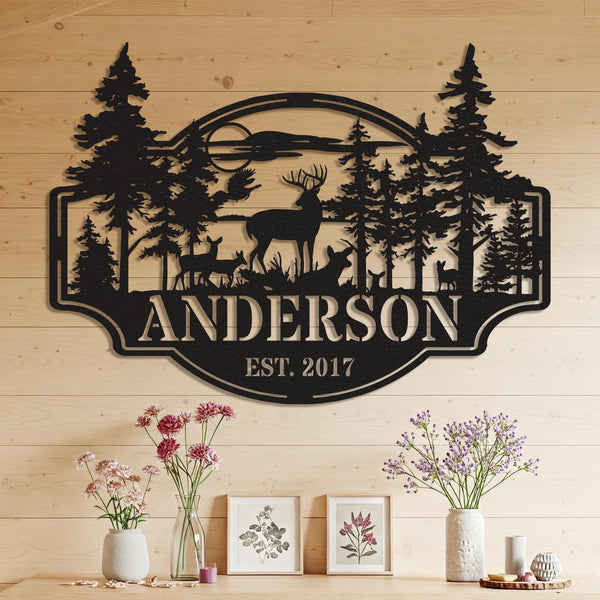 Personalized Deer Metal Sign, Custom Hunting Lodge Sign, Deer Family Name Sign, Farmhouse Decor, Outdoor Hunting Cabin Decor, Gift For Him