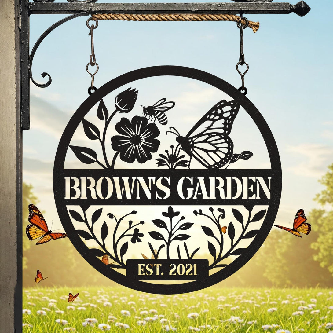 Custom Metal Garden Sign With Butterfly Flowers, Personalized Garden Sign Metal, Custom Name Sign For Backyard Or Outdoor Decor