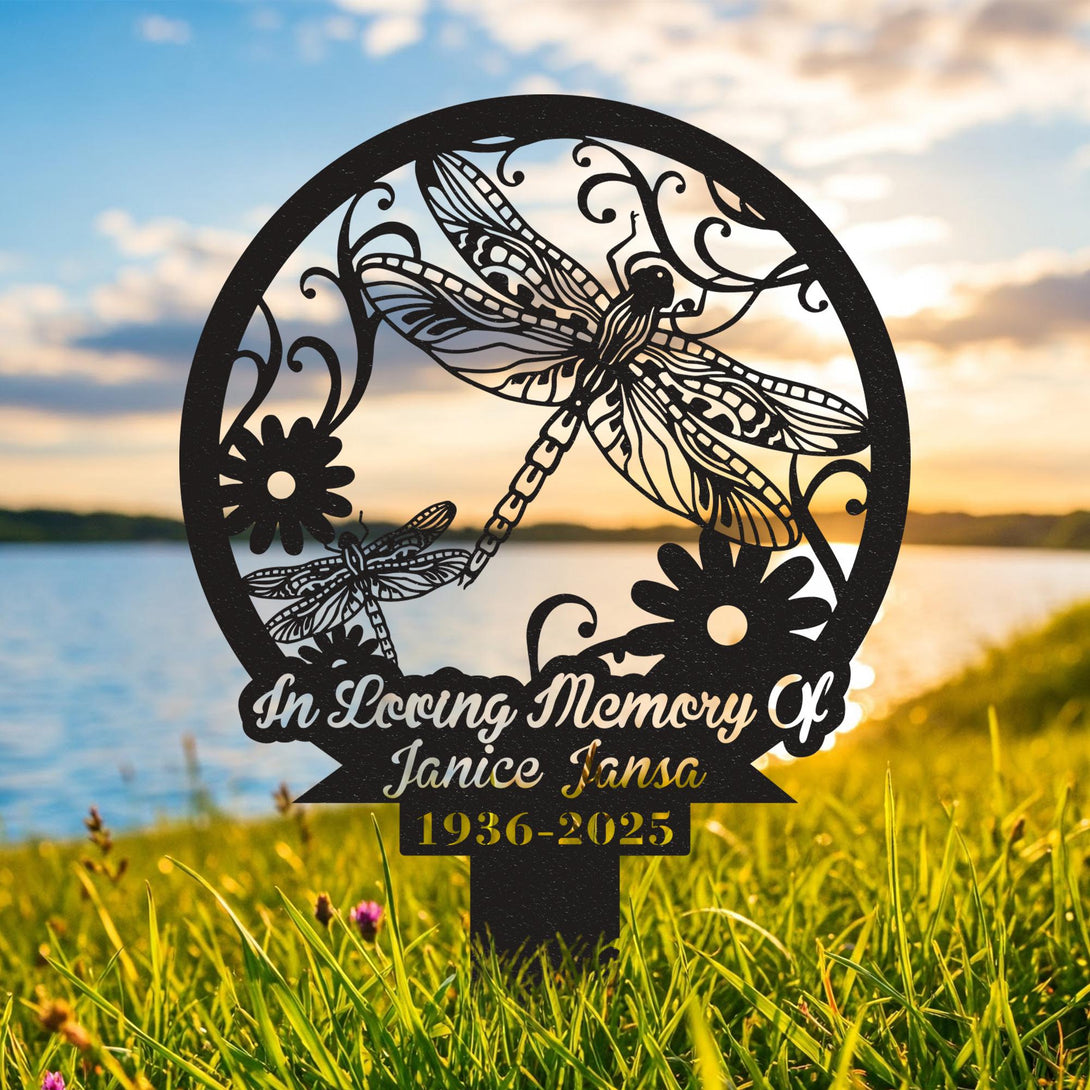 Customized Dragonfly Memorial Garden Stake, Grave Marker Stake, Dragonfly And Flower Sign, In Loving Memory, Sympathy Sign, Garden Decor