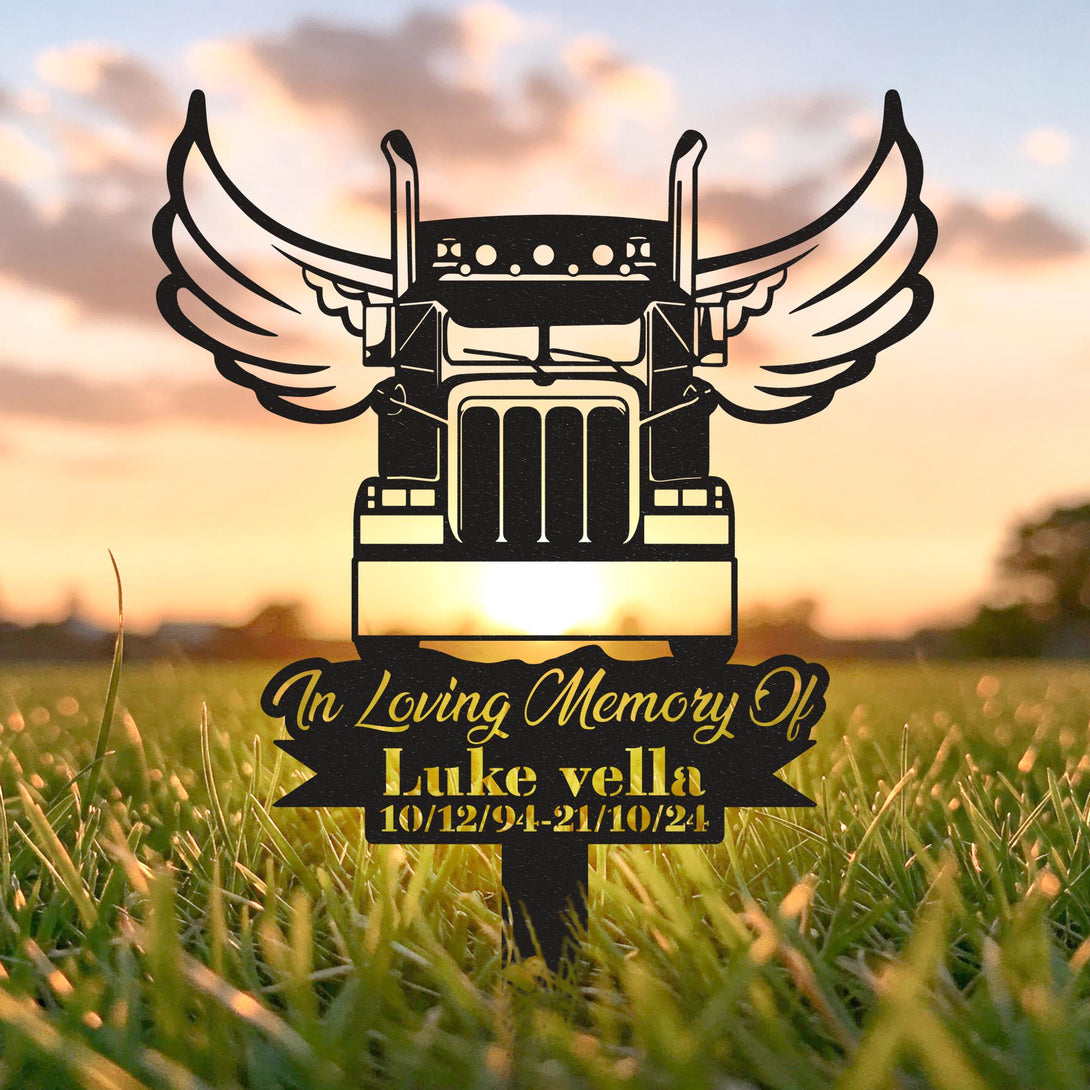Custom Truck Driver Memorial Metal Sign, Semi Truck Angel Wings Memorial Metal Stake Custom, Sympathy Sign, Remembrance Stake, Grave Marker