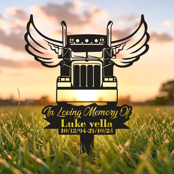 Custom Truck Driver Memorial Metal Sign, Semi Truck Angel Wings Memorial Metal Stake Custom, Sympathy Sign, Remembrance Stake, Grave Marker