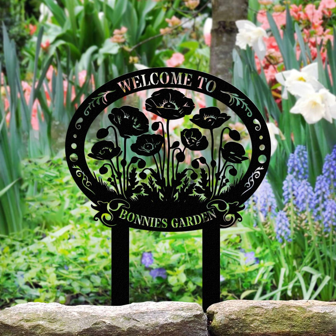 Personalized Garden Metal Sign With Stakes, Custom Garden Name Sign, Garden Flower Sign, Metal Yard Art, Housewarming Gift, Garden Decor