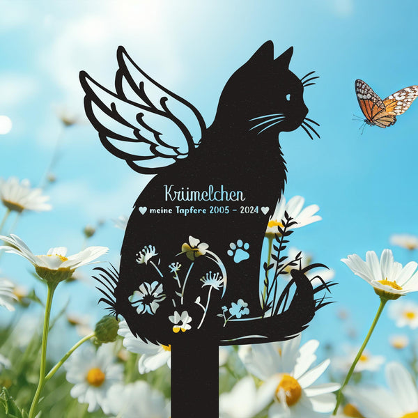 Custom Metal Cat With Wings Grave Marker, Cat Memorial Stake With Flowers, Cat Cemetery Stake, Cat Garden Stake, Garden Decor, Loss Of Cat