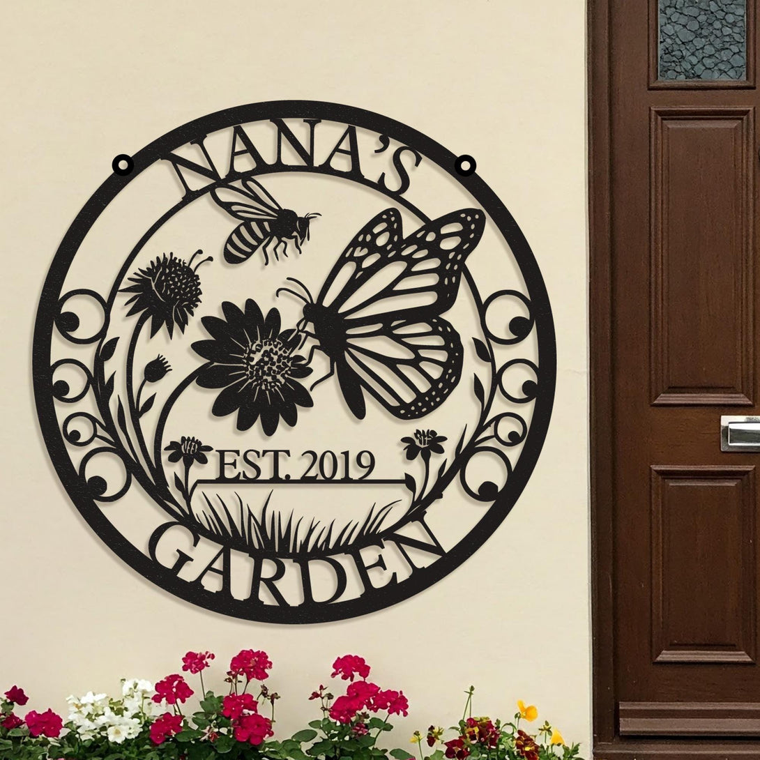Personalized Nana&#39;s Butterfly Garden Metal Sign, Butterfly & Bee Metal Garden Sign, Gardener Name Sign, Butterfly Garden Art, Garden Decor